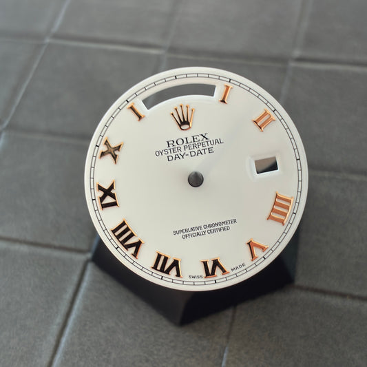 Authentic White Dial with Yellow Gold Roman Numerals for Rolex Daydate 36mm (Ref. 128238)